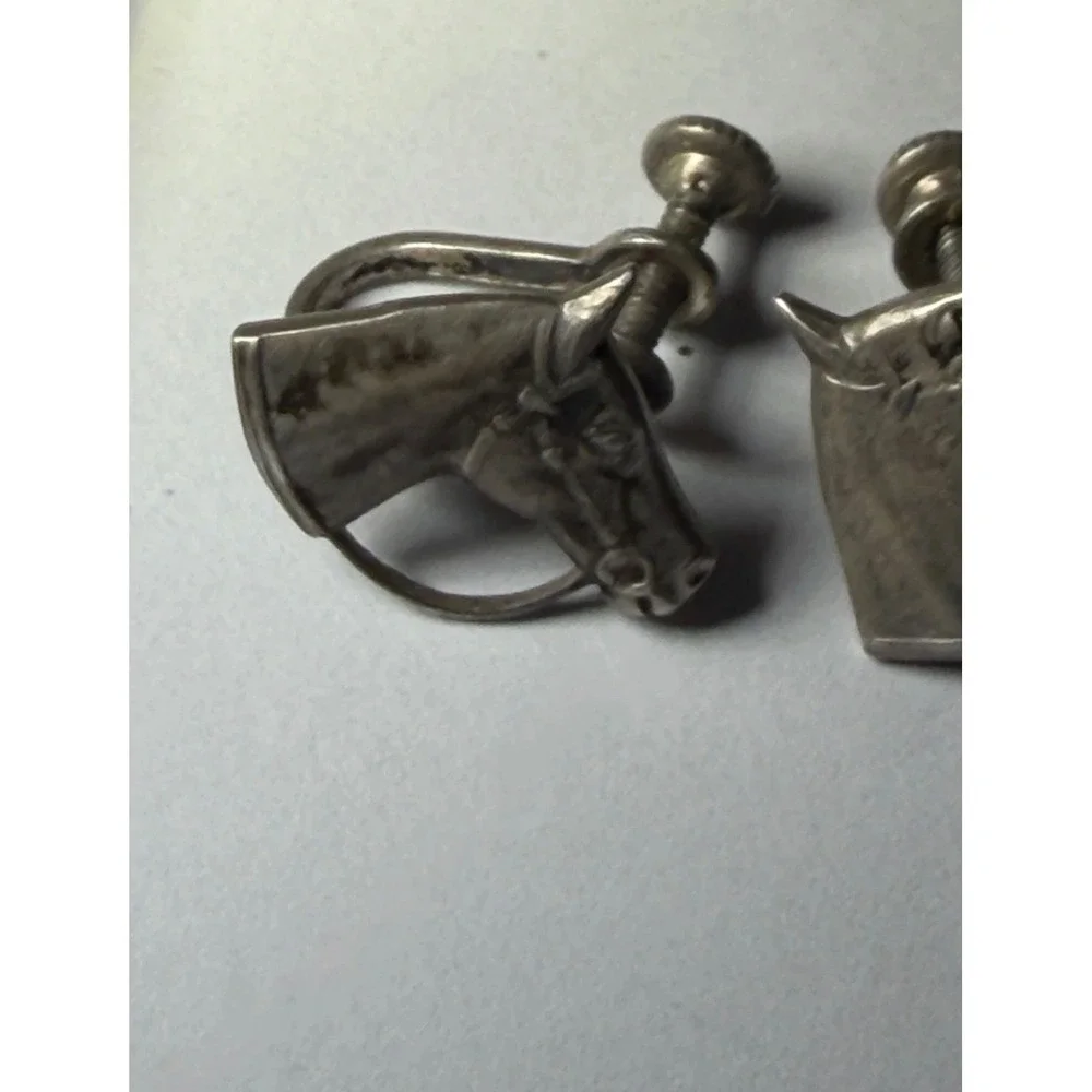 Vintage Sterling Silver 925 Horse Screw On Pair of Earrings Stamped STERLING